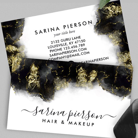 黒と金ゴールドモダンの液体水カラーインク 名刺