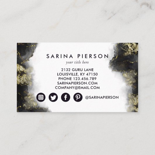 黒と金ゴールドモダンの液体水カラーインク 名刺 (裏面)