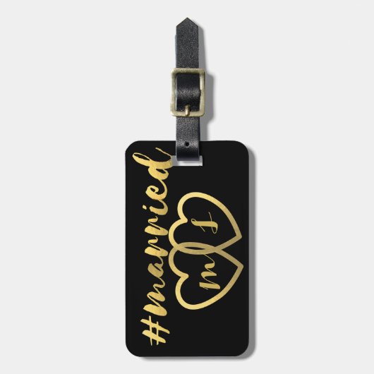 黒と金ゴールドモダンの結婚した荷物タグ ラゲッジタグ (正面縦)