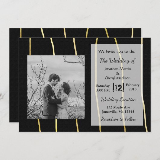 黒と金ゴールドモダンの結婚式招待状 招待状 (正面/裏面)