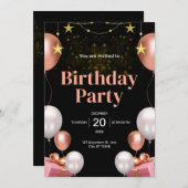 黒と金ゴールドモダンの誕生日パーティーの招待 招待状 (正面/裏面)