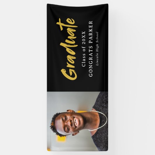黒と金ゴールドモダンブラシスクリプト写真の卒業 横断幕 (縦)