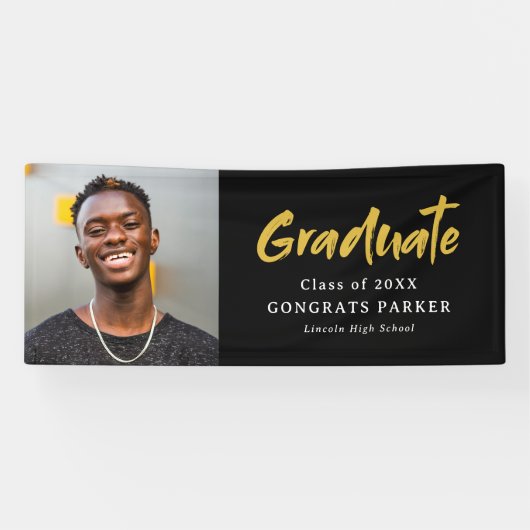 黒と金ゴールドモダンブラシスクリプト写真の卒業 横断幕 (横)