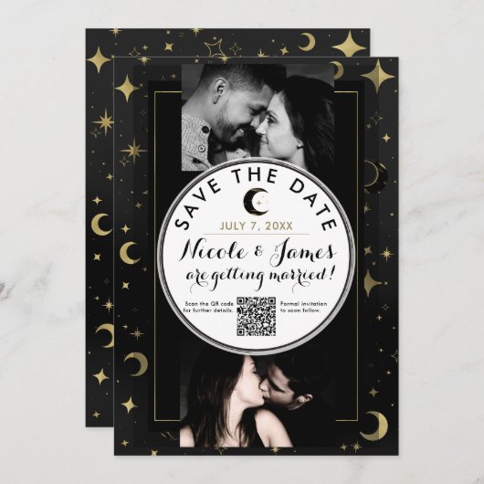 黒と金ゴールドモダン天月の日付を保存 (正面/裏面)