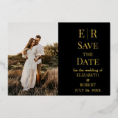 黒と金ゴールドモノグラム写真日付カードを保存 箔招待状 (正面)