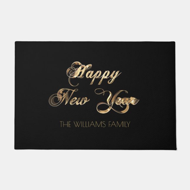 黒と金ゴールドルックスクリプトHappy New Year Doormat ドアマット (正面)