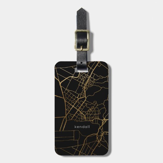 黒と金ゴールドルックマップの名前の追加 ラゲッジタグ (正面縦)
