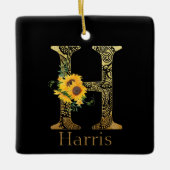 黒と金ゴールドレターHひまわり セラミックオーナメント (正面)