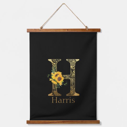 黒と金ゴールドレターHひまわり 吊り下げ型タペストリー (正面)