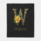 黒と金ゴールドレターWひまわり フリースブランケット (正面)