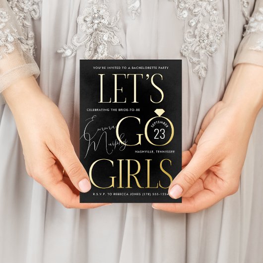 黒と金ゴールドレッツゴーガールズバチェロレッテ 箔招待状ポストカード