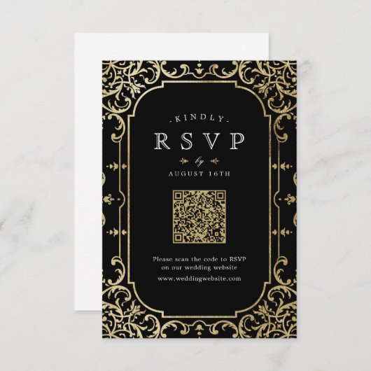 黒と金ゴールドロマンエレガントティックヴィンテージQRコード 出欠カード (正面/裏面)