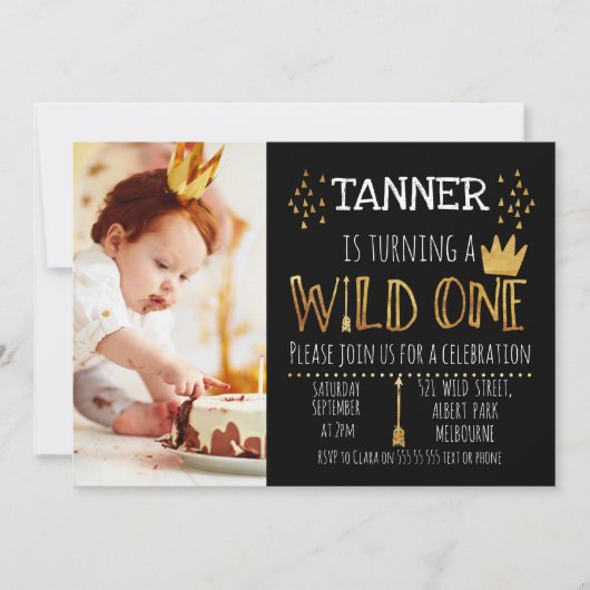黒と金ゴールドワイルドフォト第1誕生日招待状 招待状 (正面)