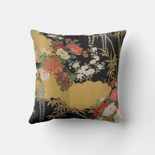 黒と金ゴールド伝統的の日本のフローラ クッション (裏面)