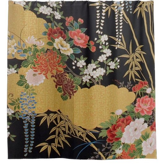 黒と金ゴールド伝統的の日本のフローラ シャワーカーテン (正面)