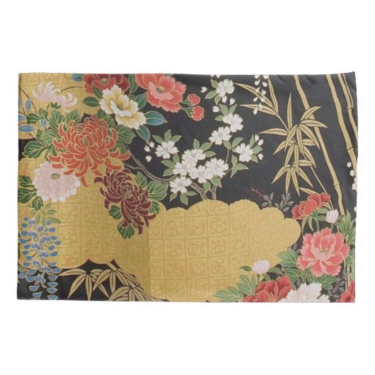 黒と金ゴールド伝統的の日本のフローラ 枕カバー (裏面)