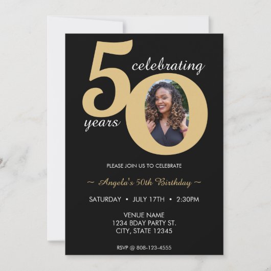 黒と金ゴールド写真50 50年50誕生日 招待状 (正面)