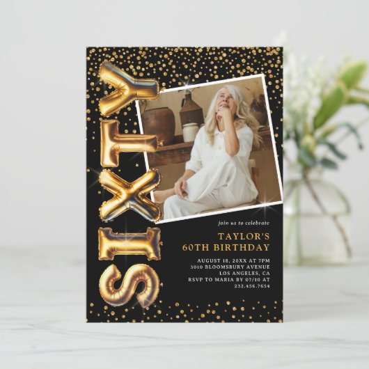 黒と金ゴールド写真60誕生日 招待状 (スタンド正面)