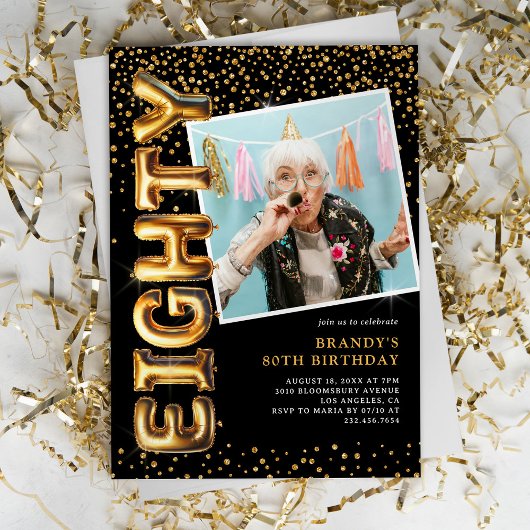 黒と金ゴールド写真80誕生日 招待状