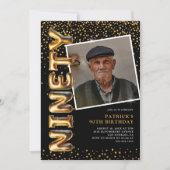 黒と金ゴールド写真90誕生日 招待状 (正面)