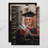 黒と金ゴールド写真PhD学位の卒業パーティー 招待状 (正面/裏面)