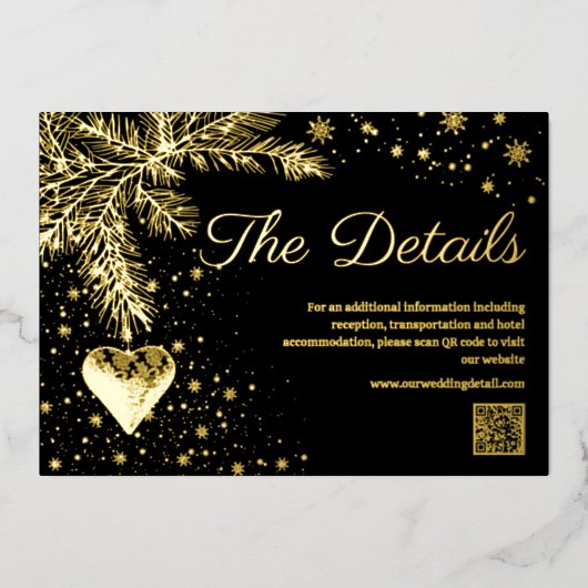 黒と金ゴールド冬の結婚式QRコード詳細カード 箔シーズンカード (正面)