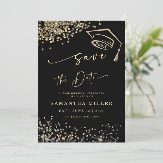 黒と金ゴールド卒業の日付を保存 招待状 (スタンド正面)
