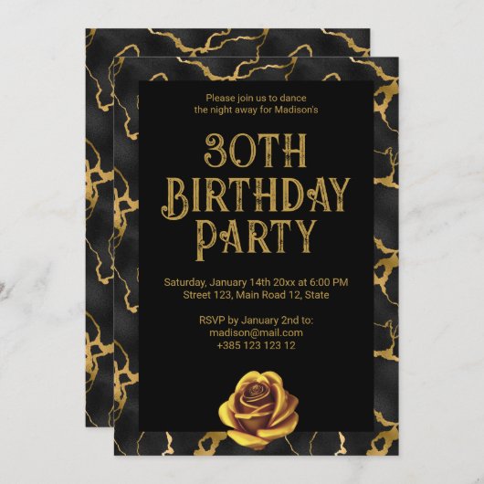 黒と金ゴールド大理石のパターン誕生日パーティー 招待状 (正面/裏面)