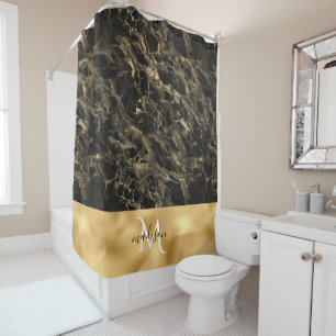 黒と金ゴールド大理石モノグラムシャワーカーテン シャワーカーテン