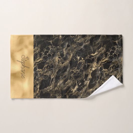 黒と金ゴールド大理石モノグラムシャワーカーテン バスタオルセット (ハンドタオル)