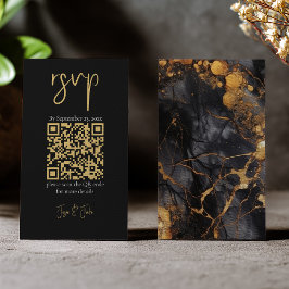 黒と金ゴールド大理石、QRコード結婚式RSVP エンクロージャーカード