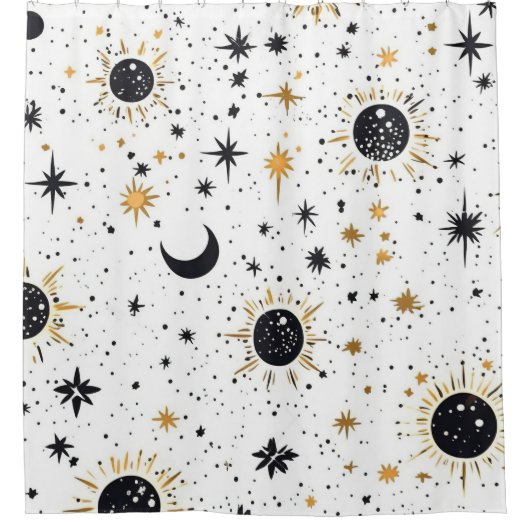 黒と金ゴールド天日月星 シャワーカーテン (正面)