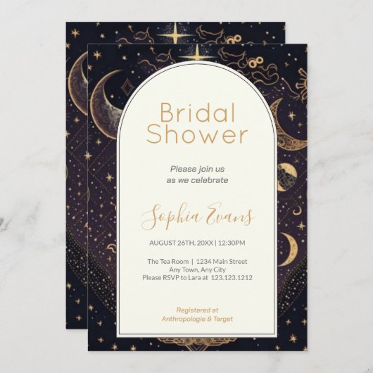 黒と金ゴールド天月スターズブライダルシャワー 招待状 (正面/裏面)