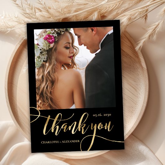 黒と金ゴールド巨大金ゴールドスクリプト2写真結婚の サンキューカード