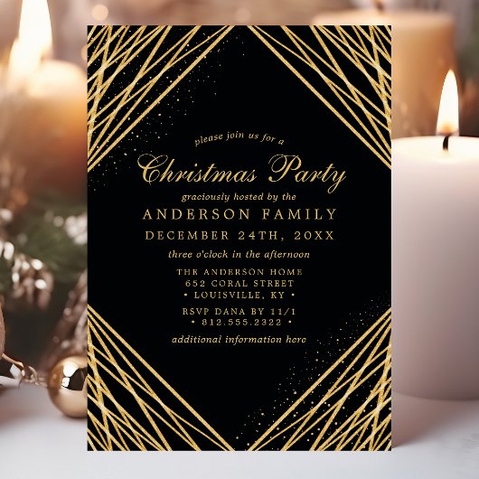 黒と金ゴールド幾何学的抽象芸術クリスマスパーティー 招待状