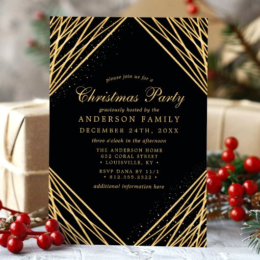 黒と金ゴールド幾何学的抽象芸術クリスマスパーティー 招待状