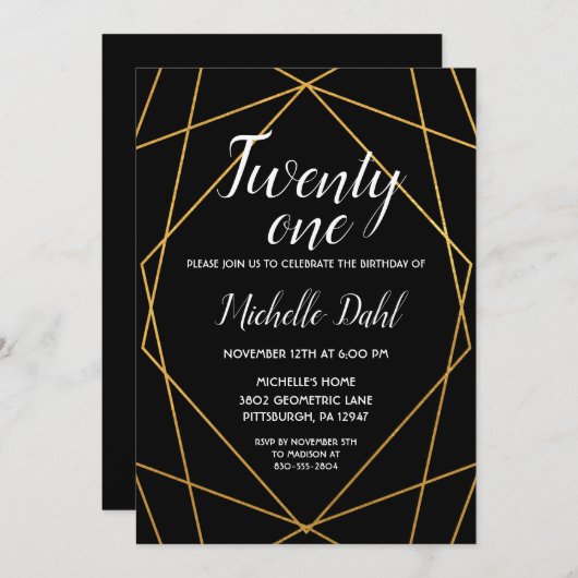 黒と金ゴールド幾何学長誕生日招待状 招待状 (正面/裏面)
