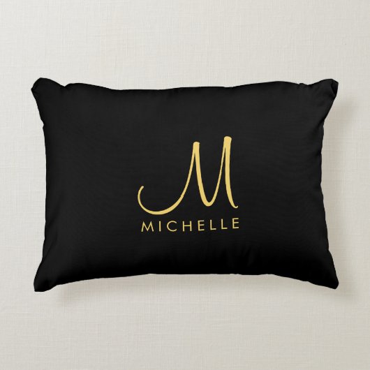 黒と金ゴールド手書きモノグラム名テンプレート アクセントクッション (正面)