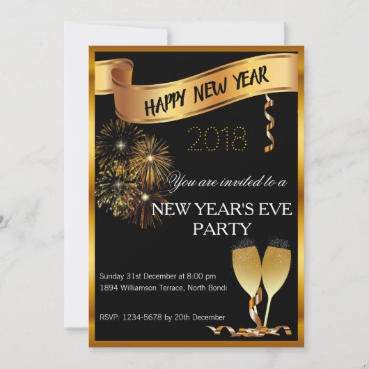 黒と金ゴールド新年のイブ招待状 招待状 (正面)