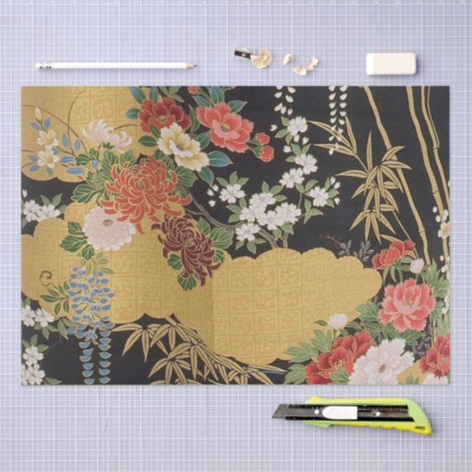 黒と金ゴールド日本ののフローラ分離 薄葉紙 (クラフト)