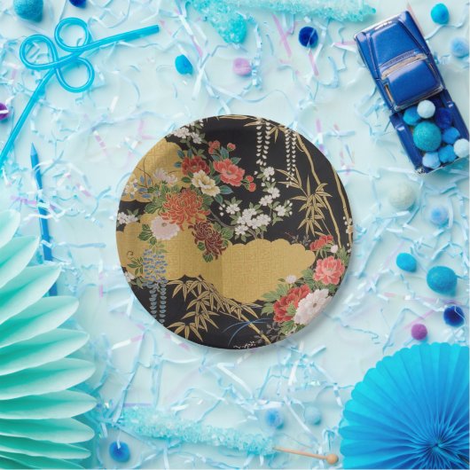 黒と金ゴールド日本ののフローラ花 ペーパープレート (パーティー)