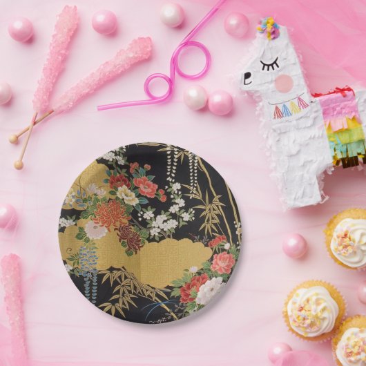 黒と金ゴールド日本ののフローラ花 ペーパープレート (パーティー)