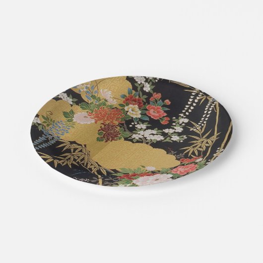黒と金ゴールド日本ののフローラ花 ペーパープレート (アングル)
