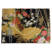 黒と金ゴールド日本のの着物フローラ ラージペーパーバッグ (正面)