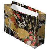 黒と金ゴールド日本のの着物フローラ ラージペーパーバッグ (正面アングル)