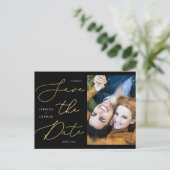 黒と金ゴールド書道の写真日付を保存 ポストカード (スタンド正面)