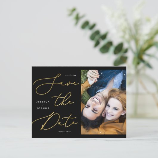 黒と金ゴールド書道の写真日付を保存 ポストカード (スタンド正面)