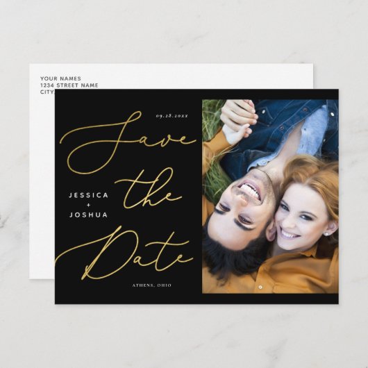 黒と金ゴールド書道の写真日付を保存 ポストカード (正面/裏面)