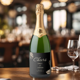 黒と金ゴールド植物優雅な結婚式 スパークリングワインラベル