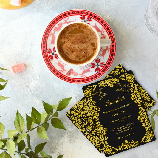 黒と金ゴールド植物学フローラ30th Birthday 招待状